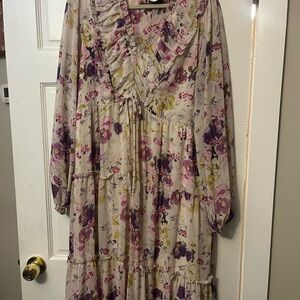 ARULA Floral Ruffle Long Sleeve Dress - Cream, Purple, Pink